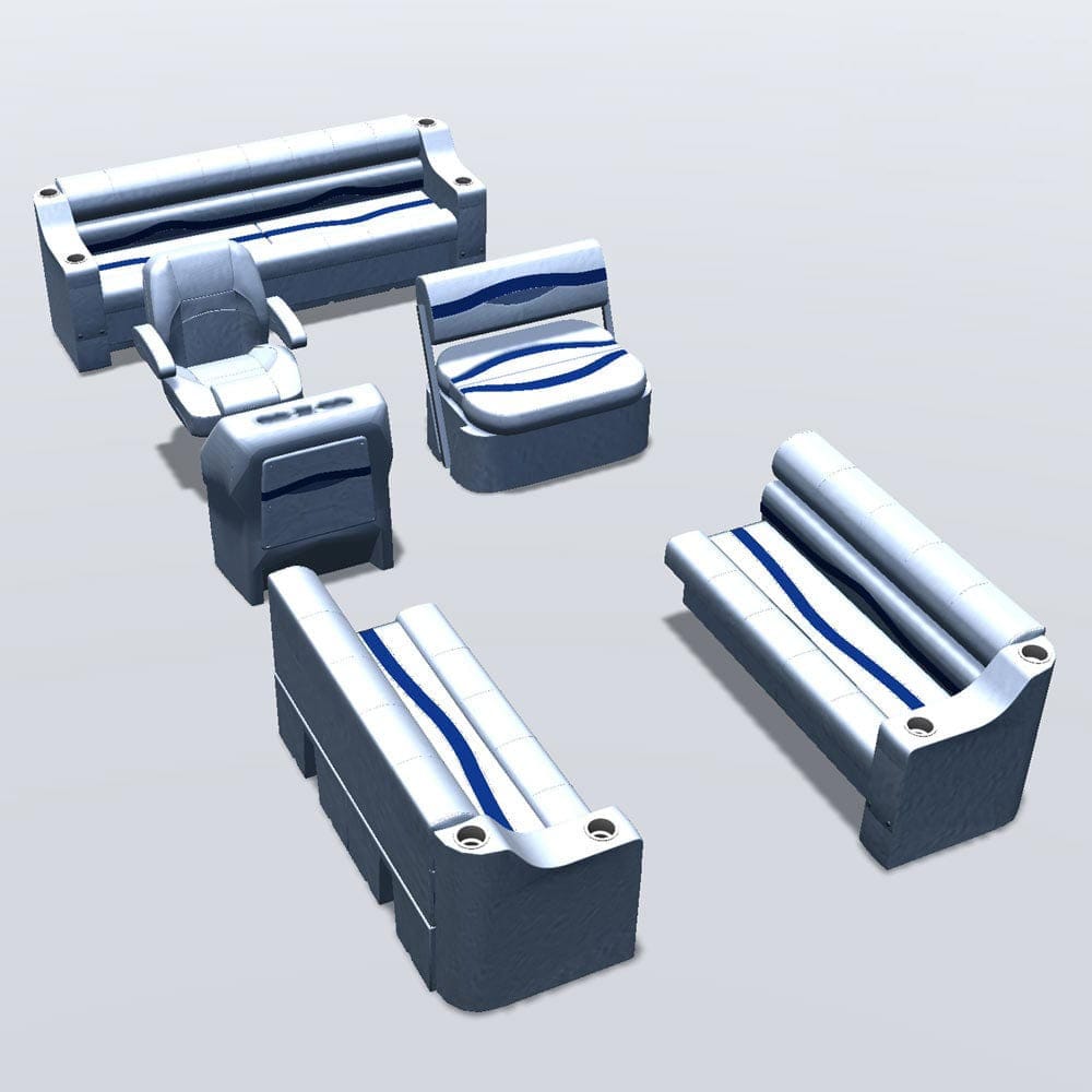 Side entry midship flip flop pontoon seat package with cupholder bow double bench seats #color_white, blue & light blue