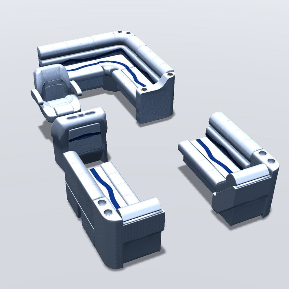 Stern entry pontoon seat package with inverse lean back double bow bench seats #color_white, blue & light blue