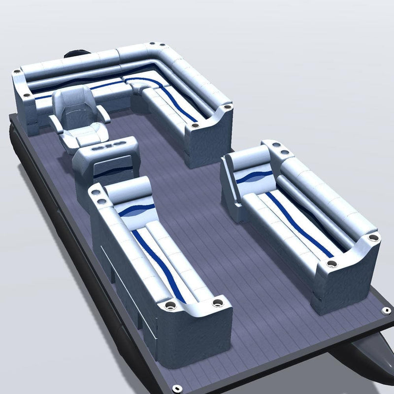 Side entry aft L-bench pontoon seat package with cupholder bow double bench and lean back seats