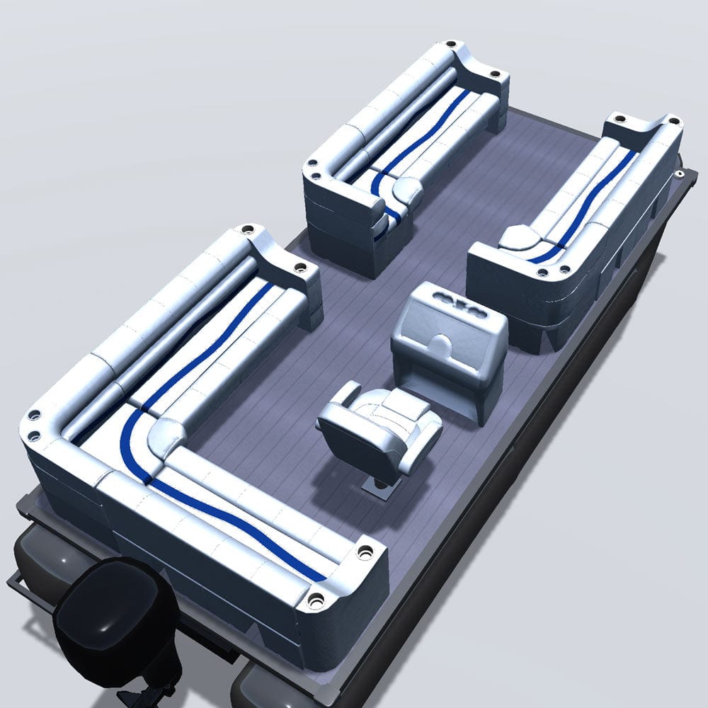 Side entry aft L-bench pontoon seat package with cupholder bow double bench and corner seats back 