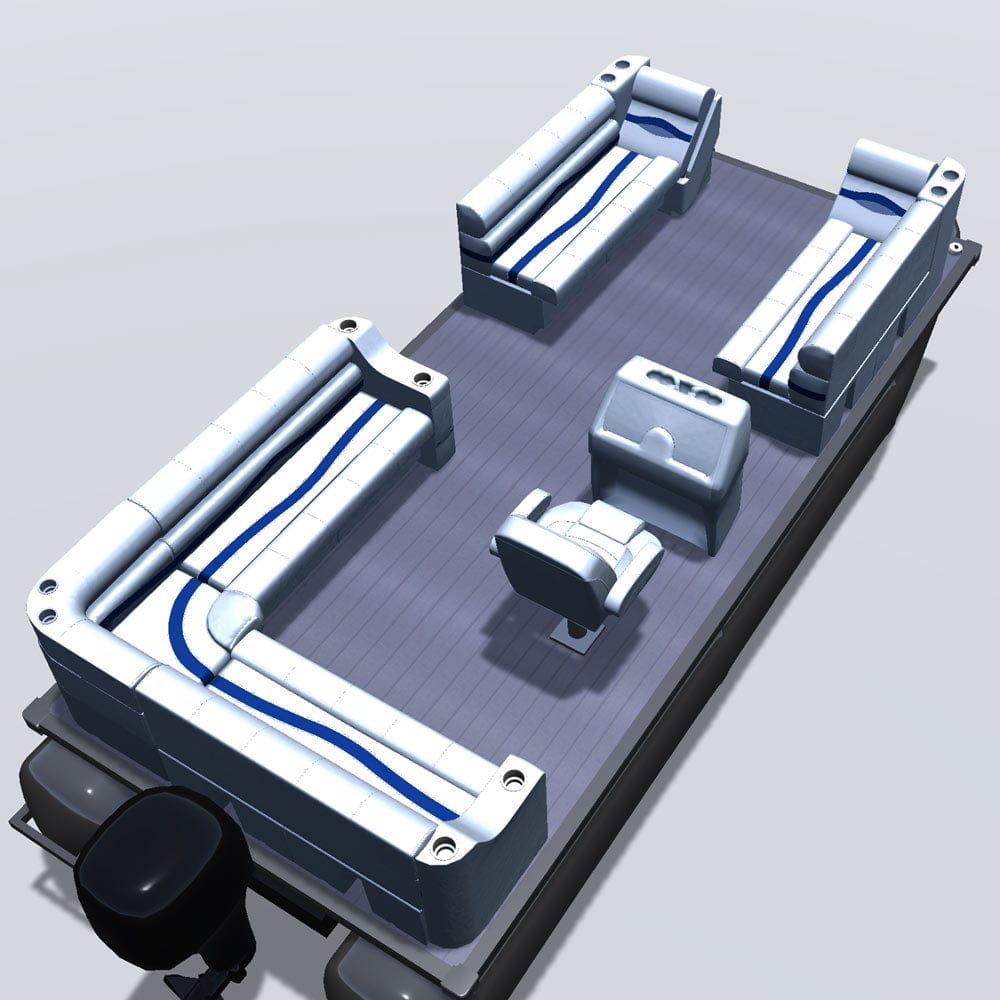 Side entry aft L-bench pontoon seat package with bow double bench and inverse lean back seats back 