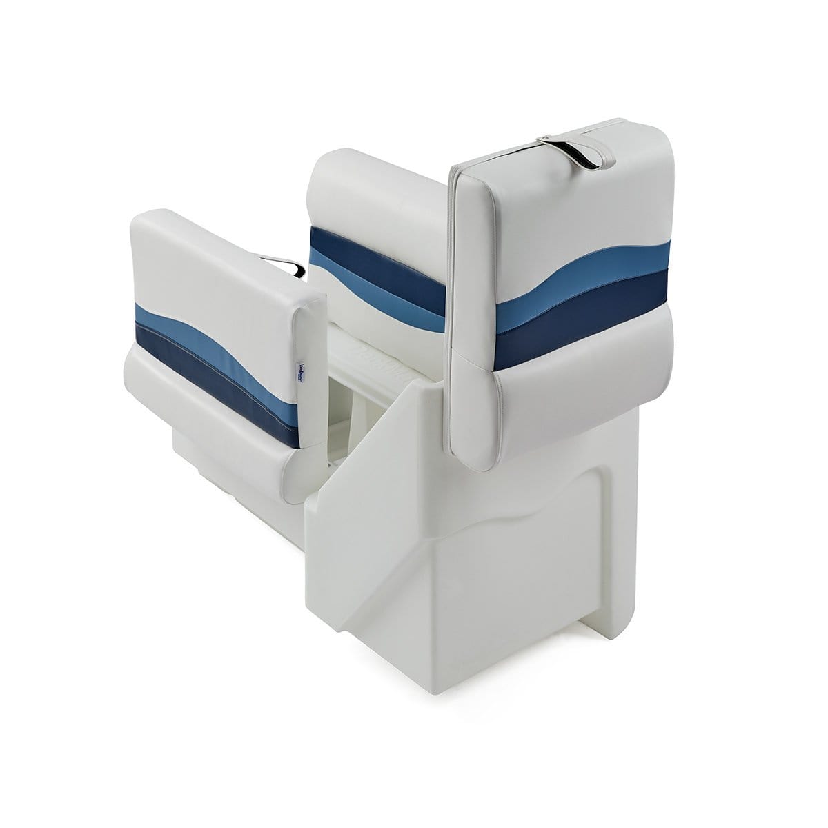 DeckMate Classic Left Lean Back Pontoon Seat attached rear open #color_white, blue & light blue