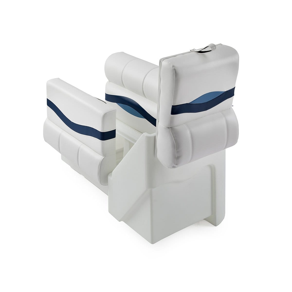 DeckMate Premium Left Lean Back Boat Seat attached open #color_white, blue & light blue