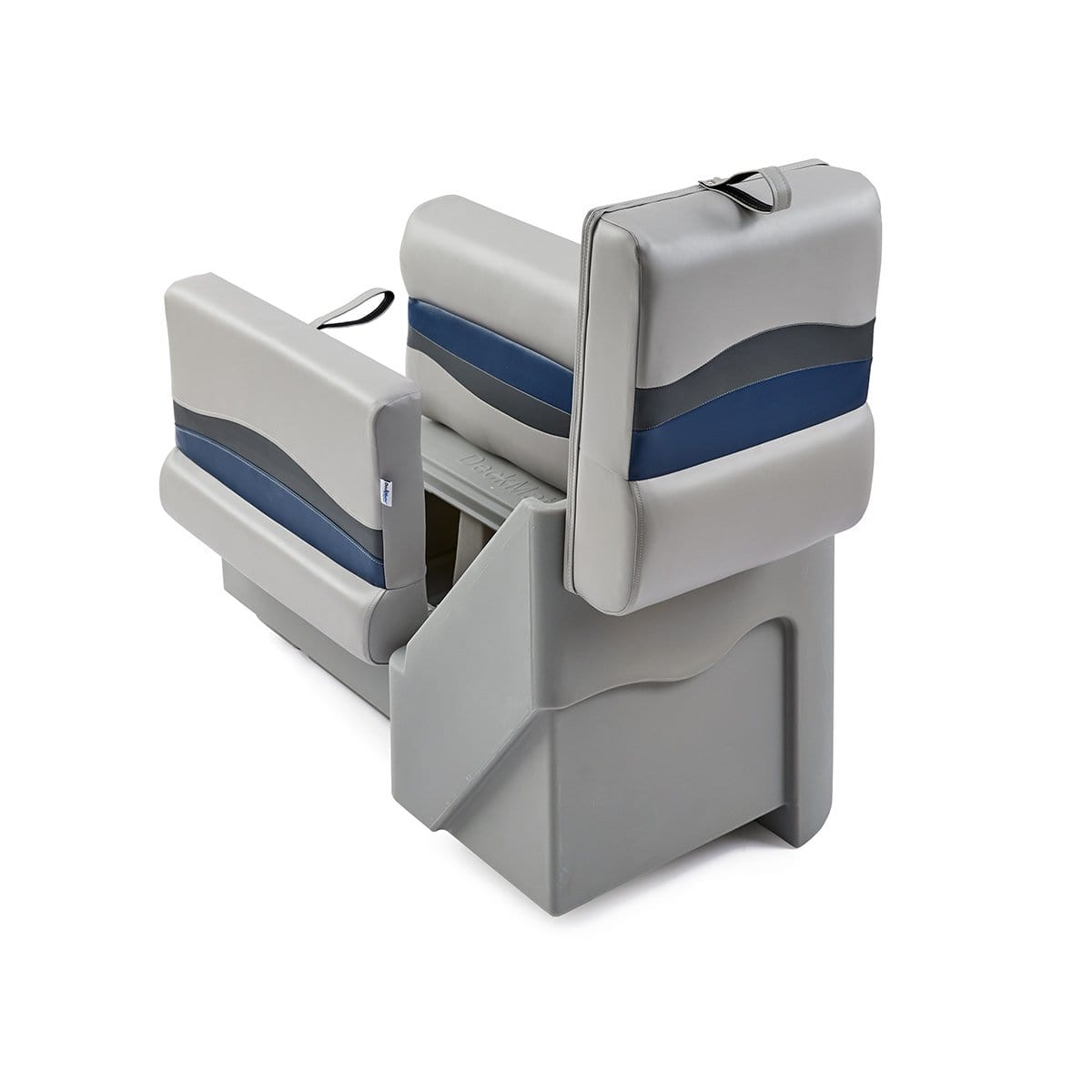 DeckMate Classic Left Lean Back Pontoon Seat attached rear open #color_gray, blue & charcoal