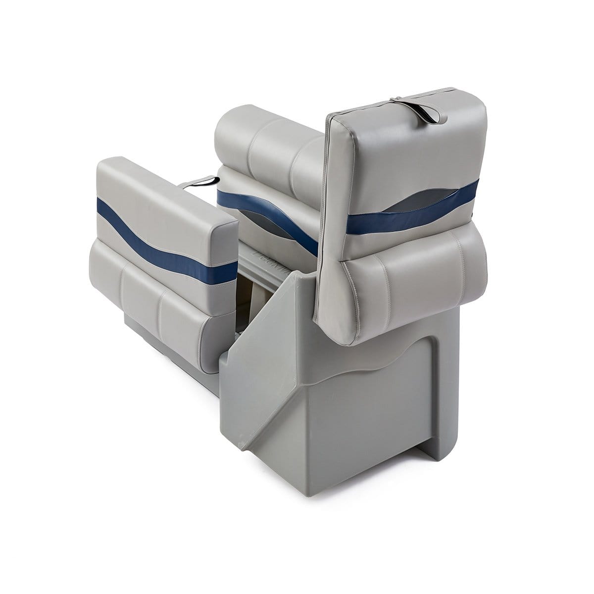 DeckMate Premium Left Lean Back Boat Seat attached open #color_gray, blue & charcoal