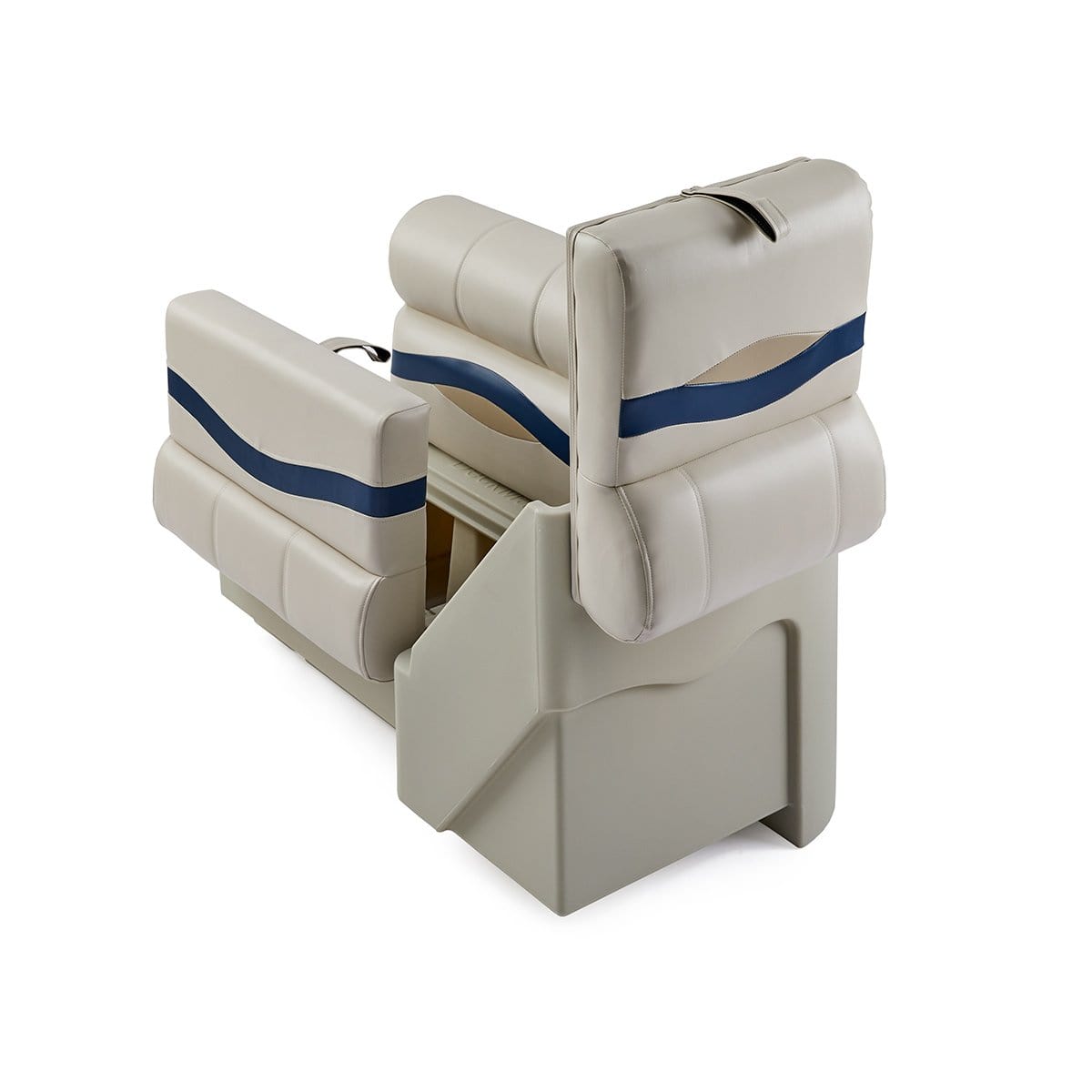 DeckMate Premium Left Lean Back Boat Seat attached open #color_ivory, blue & tan