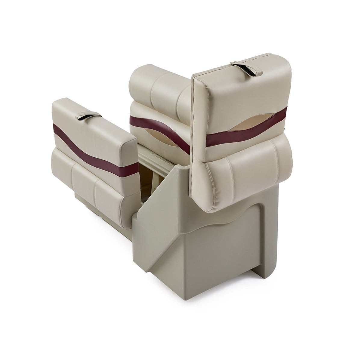 DeckMate Premium Left Lean Back Boat Seat attached open #color_ivory, burgundy & tan