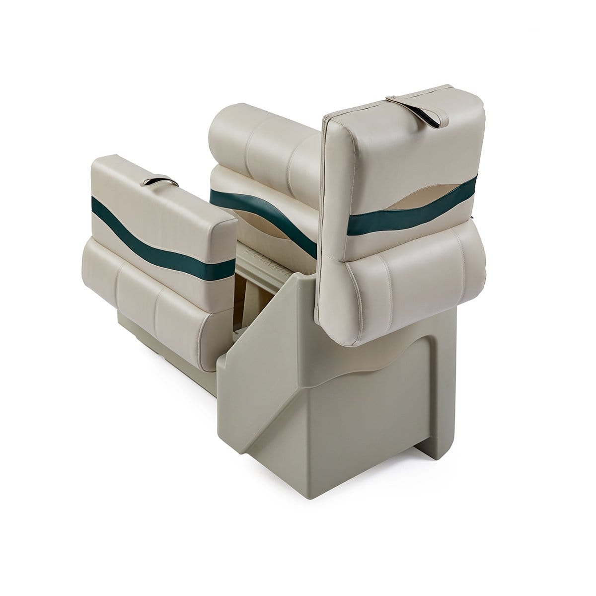 DeckMate Premium Left Lean Back Boat Seat attached open #color_ivory, green & tan