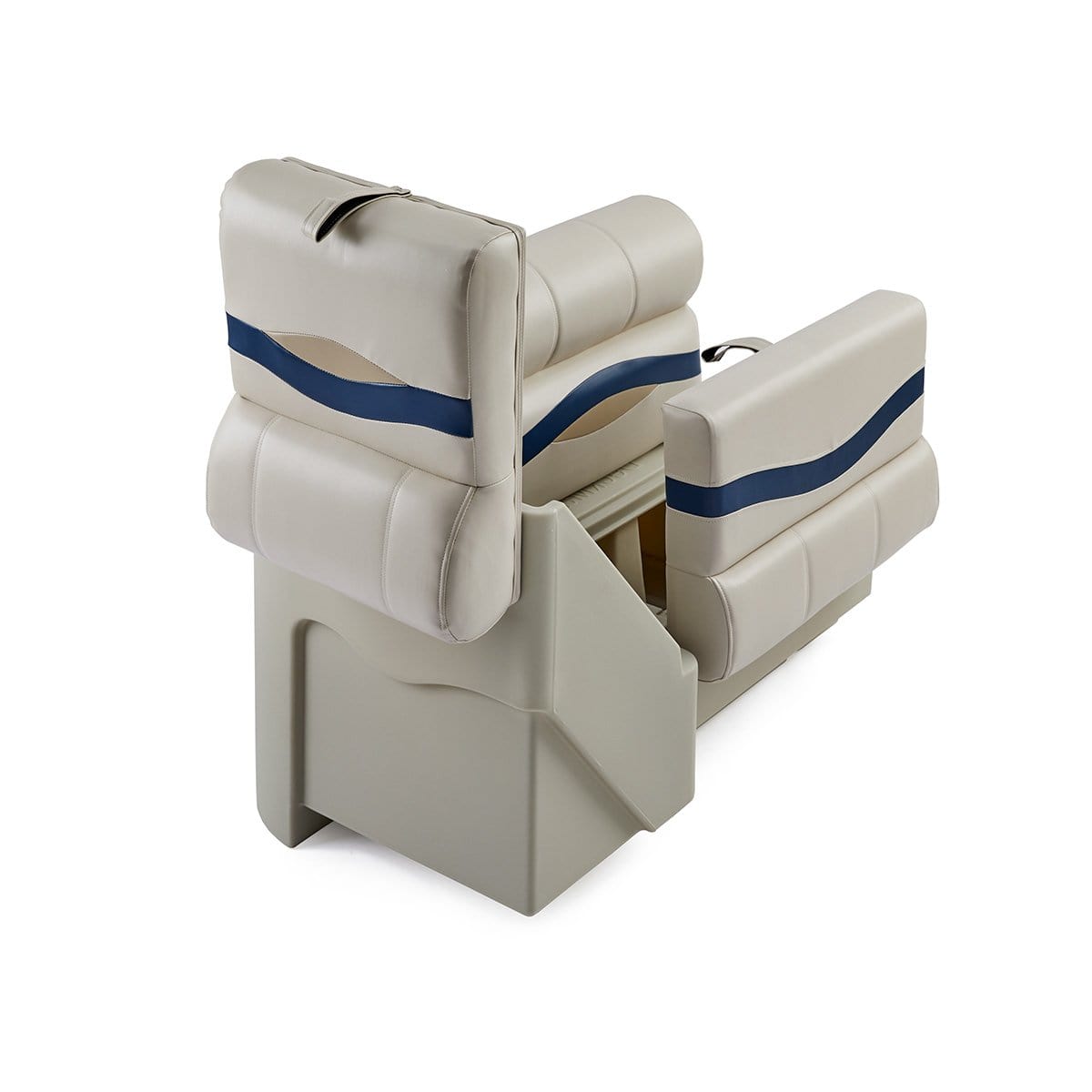 DeckMate Premium Right Lean Back Boat Seat attached open #color_ivory, blue & tan