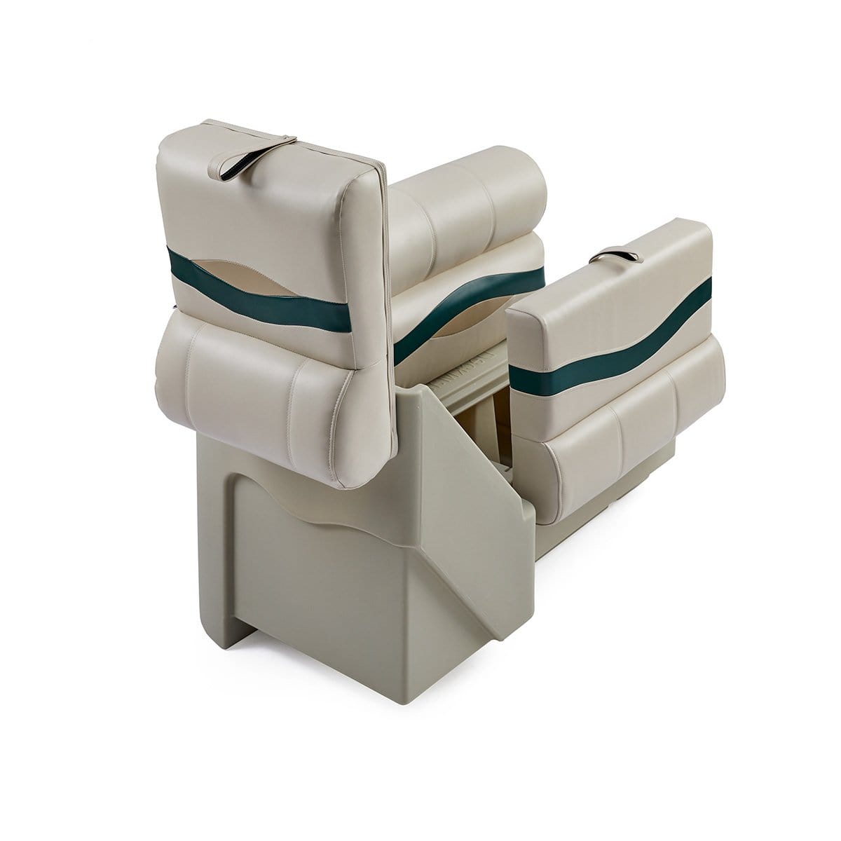 DeckMate Premium Right Lean Back Boat Seat attached open #color_ivory, green & tan